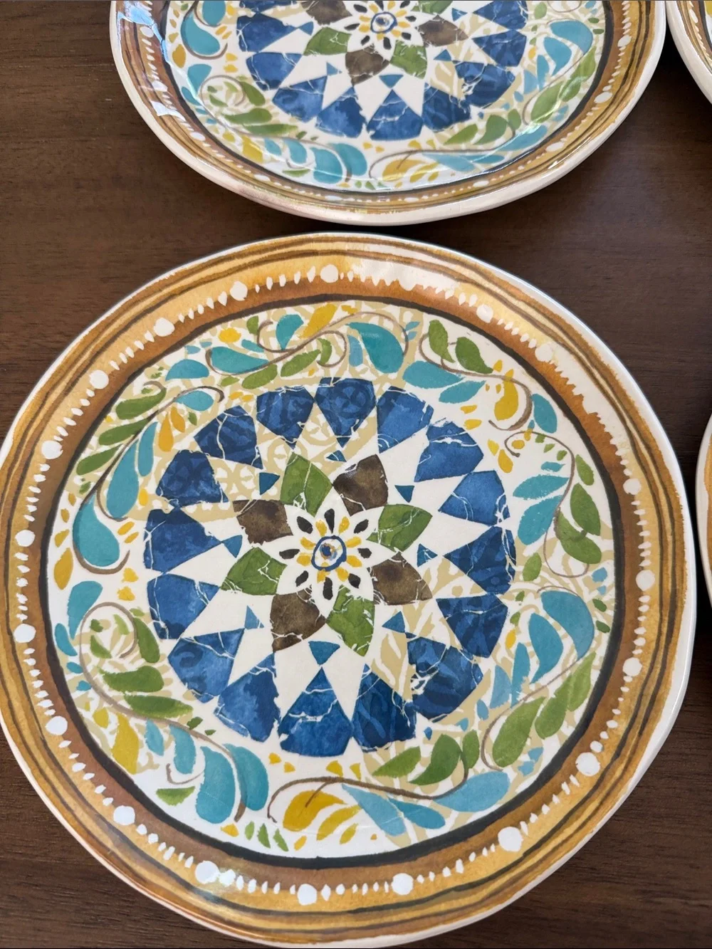 Pottery Barn Melamine Dessert/Salad  Plates in Blue, Green & Gold Set of 6